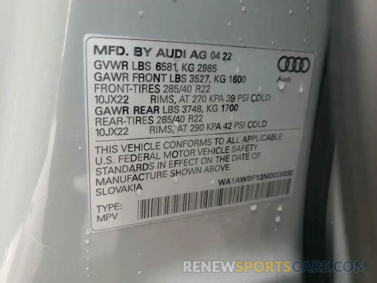 10 Photograph of a damaged car WA1AWBF13ND025032 AUDI SQ8 2022