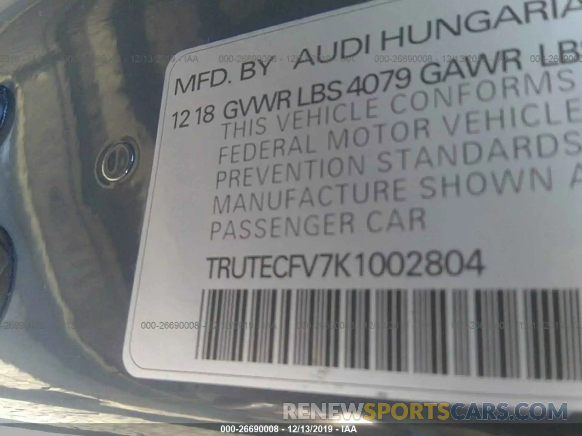 9 Photograph of a damaged car TRUTECFV7K1002804 AUDI TT 2019