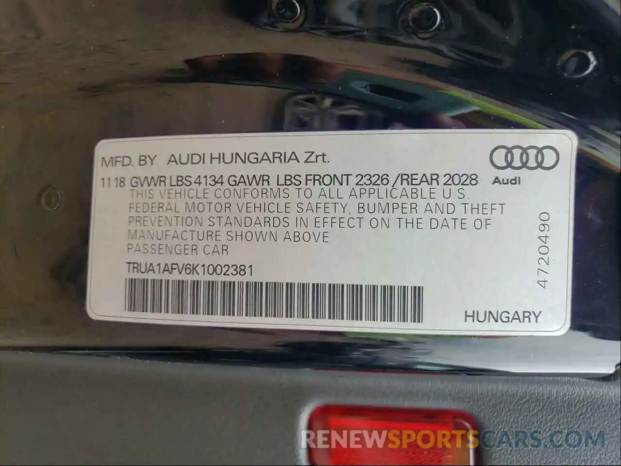 10 Photograph of a damaged car TRUA1AFV6K1002381 AUDI TTS 2019