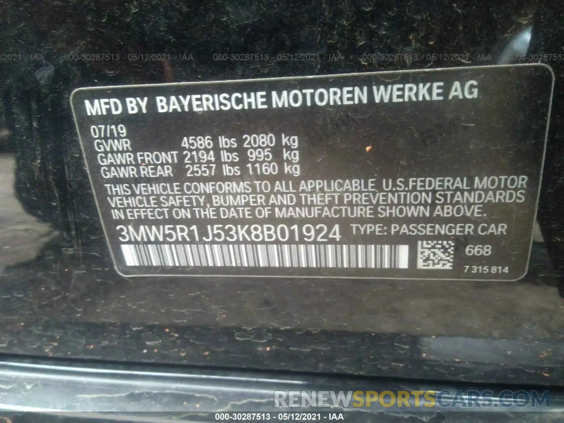 9 Фотография поврежденного автомобиля 3MW5R1J53K8B01924 BMW 3 SERIES 2019
