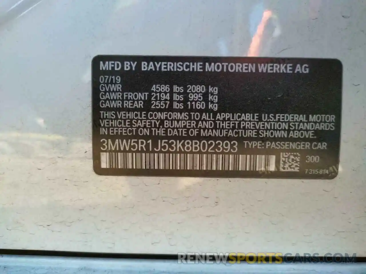 10 Photograph of a damaged car 3MW5R1J53K8B02393 BMW 3 SERIES 2019