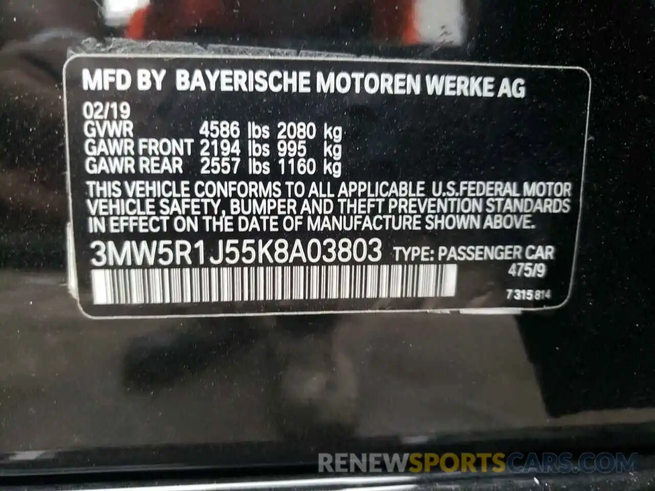 10 Photograph of a damaged car 3MW5R1J55K8A03803 BMW 3 SERIES 2019