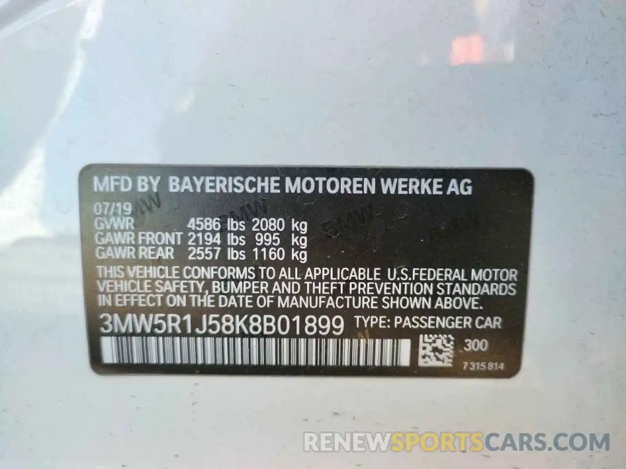 10 Photograph of a damaged car 3MW5R1J58K8B01899 BMW 3 SERIES 2019