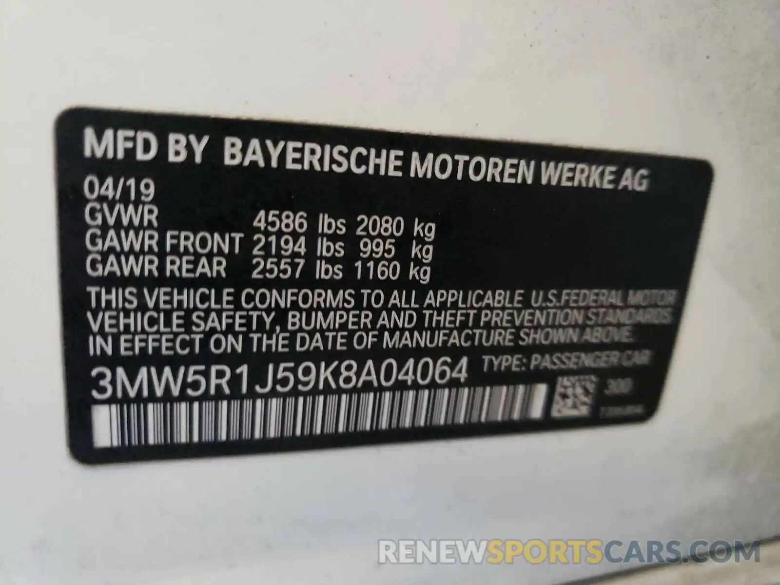 10 Photograph of a damaged car 3MW5R1J59K8A04064 BMW 3 SERIES 2019