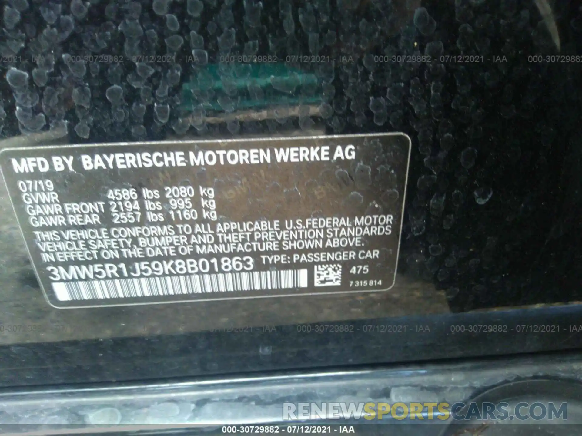 9 Photograph of a damaged car 3MW5R1J59K8B01863 BMW 3 SERIES 2019