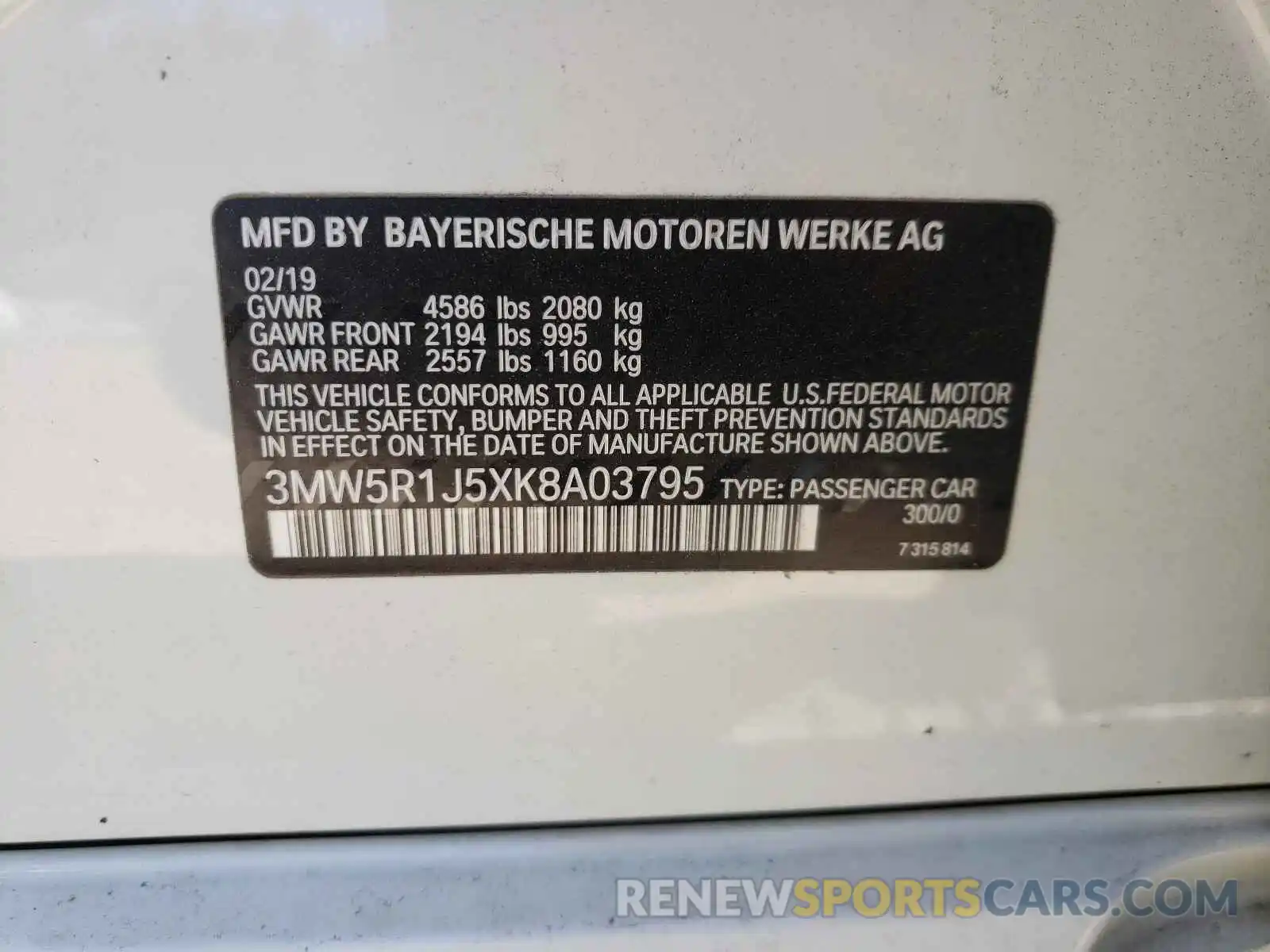 10 Photograph of a damaged car 3MW5R1J5XK8A03795 BMW 3 SERIES 2019