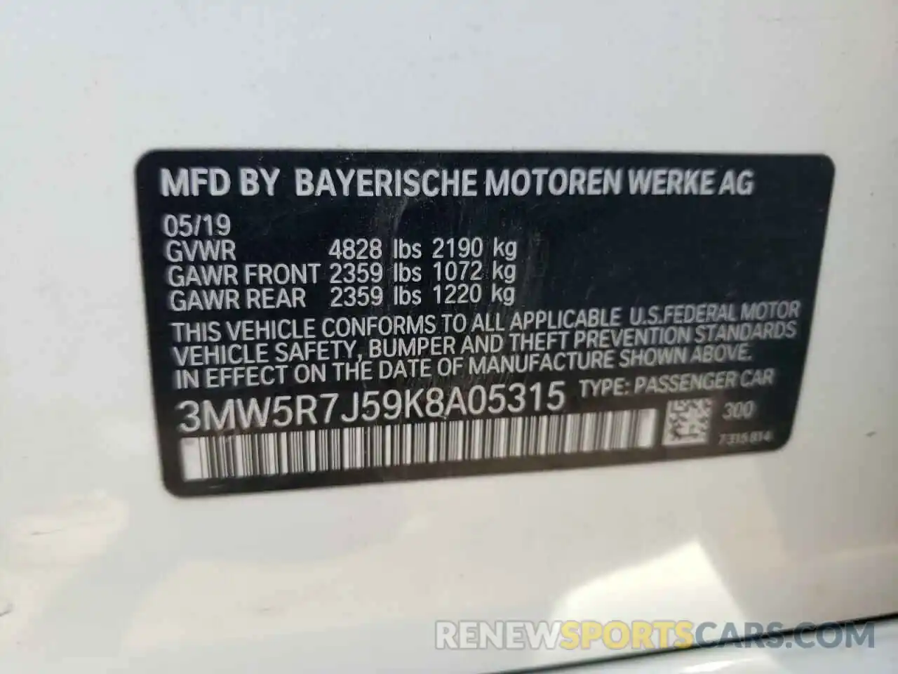 10 Photograph of a damaged car 3MW5R7J59K8A05315 BMW 3 SERIES 2019