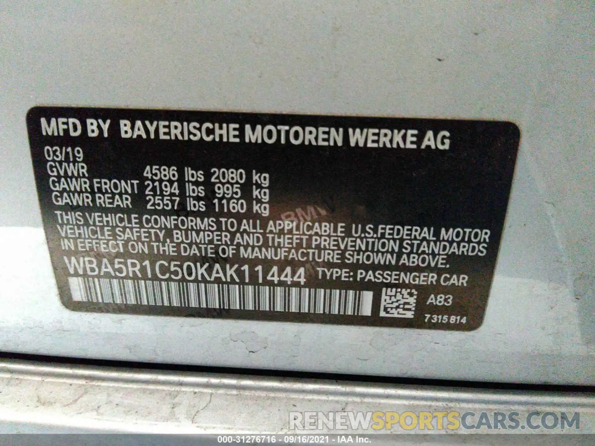 9 Фотография поврежденного автомобиля WBA5R1C50KAK11444 BMW 3 SERIES 2019