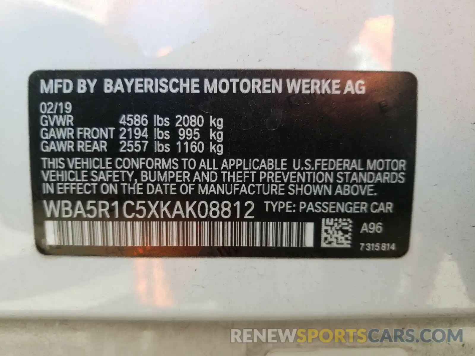 10 Фотография поврежденного автомобиля WBA5R1C5XKAK08812 BMW 3 SERIES 2019