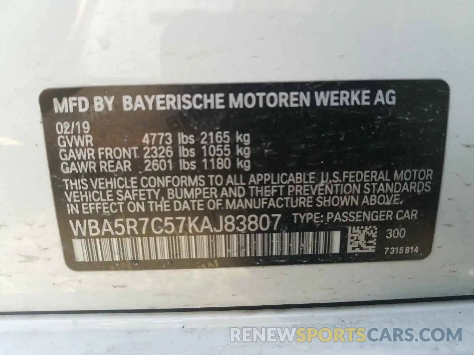 10 Photograph of a damaged car WBA5R7C57KAJ83807 BMW 3 SERIES 2019