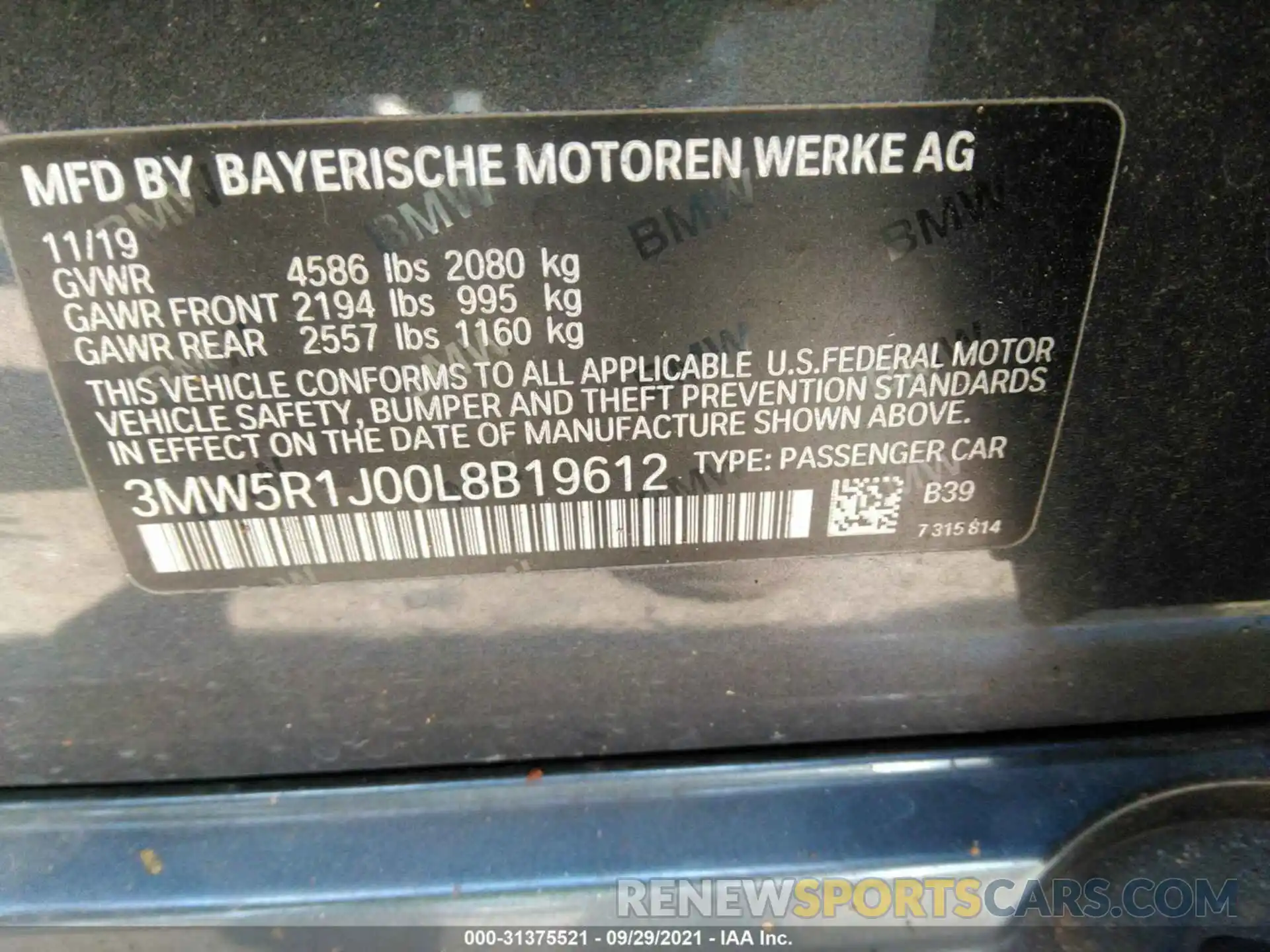 9 Фотография поврежденного автомобиля 3MW5R1J00L8B19612 BMW 3 SERIES 2020