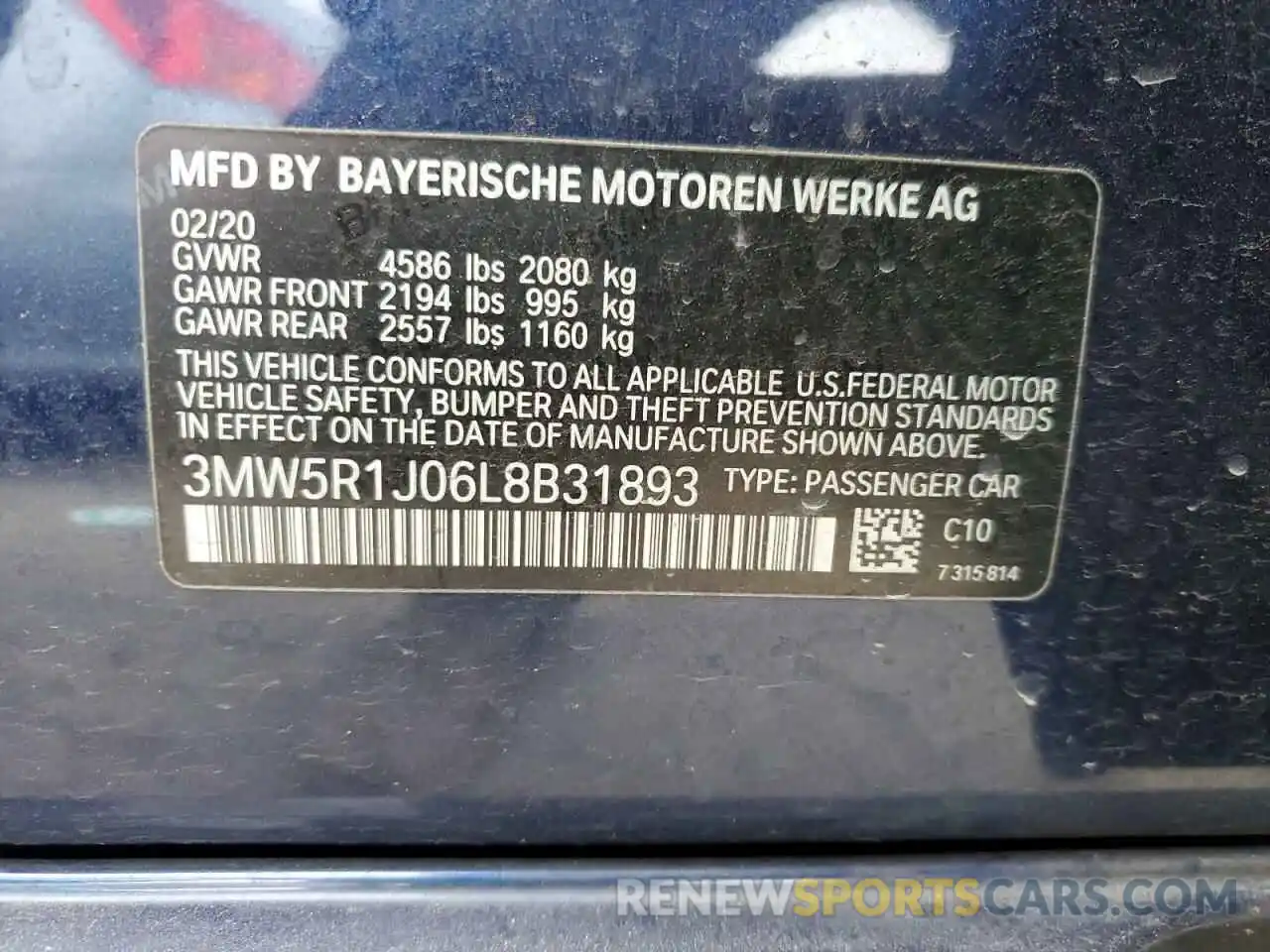 12 Photograph of a damaged car 3MW5R1J06L8B31893 BMW 3 SERIES 2020