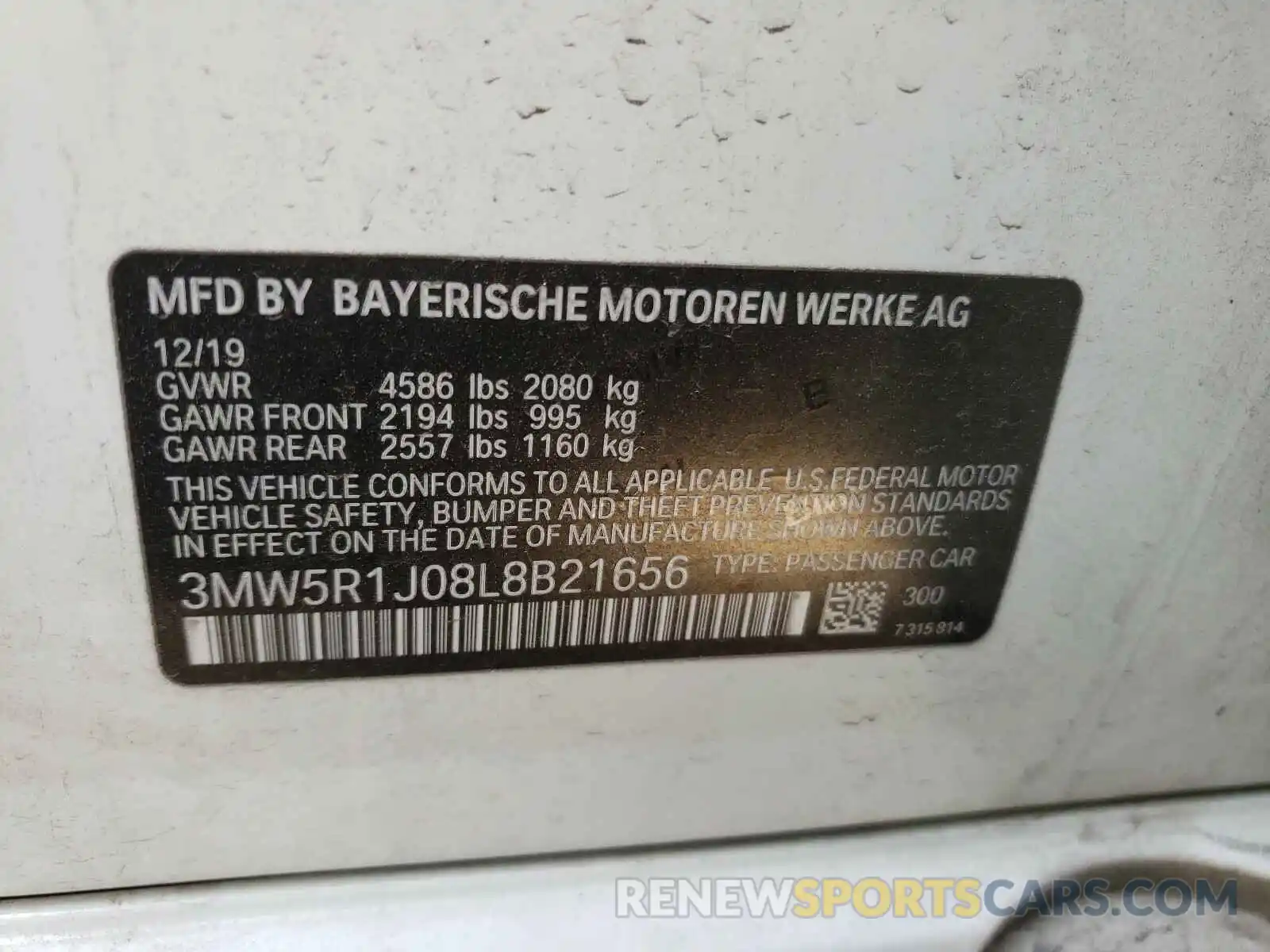 10 Photograph of a damaged car 3MW5R1J08L8B21656 BMW 3 SERIES 2020