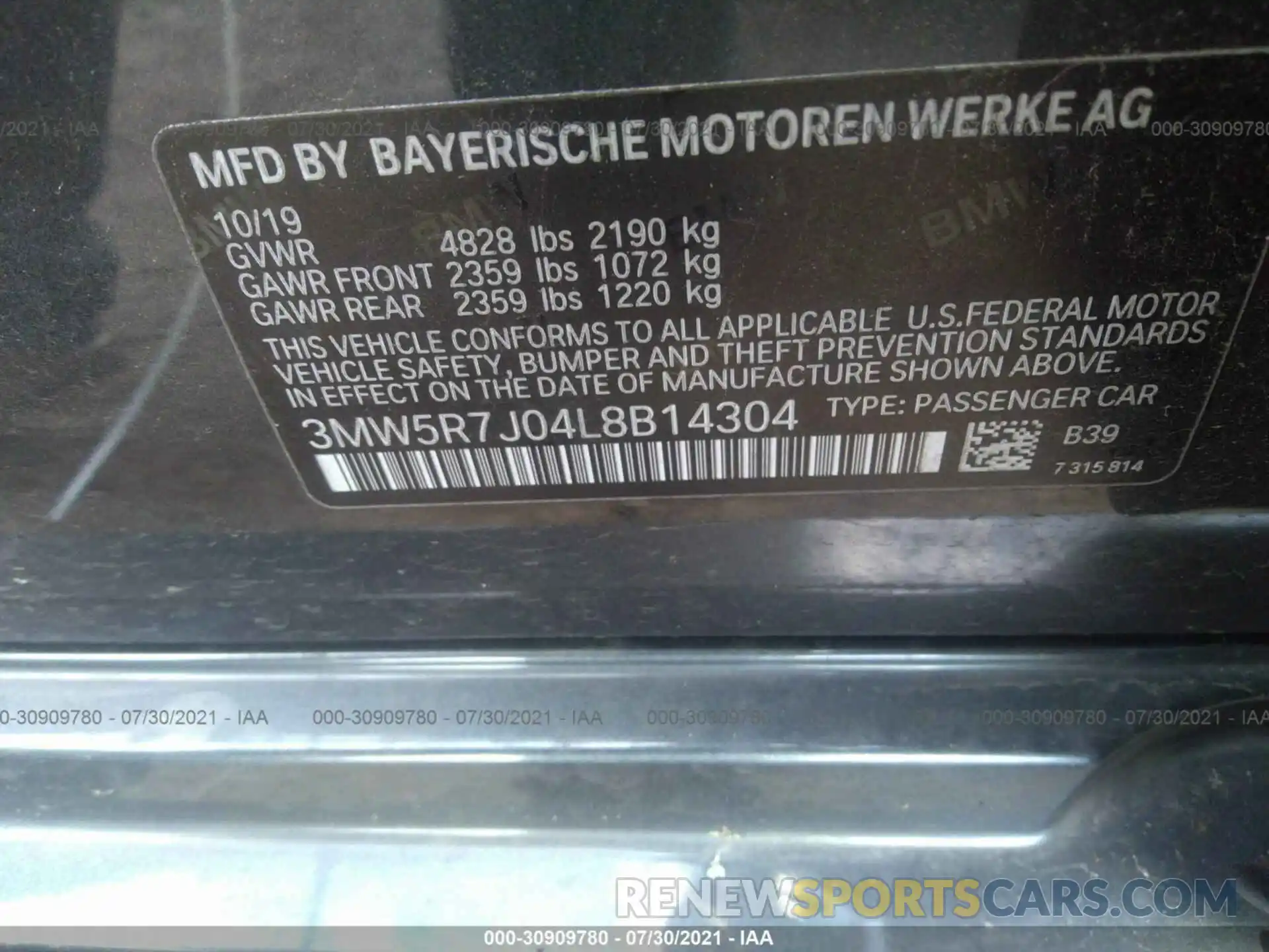 9 Фотография поврежденного автомобиля 3MW5R7J04L8B14304 BMW 3 SERIES 2020