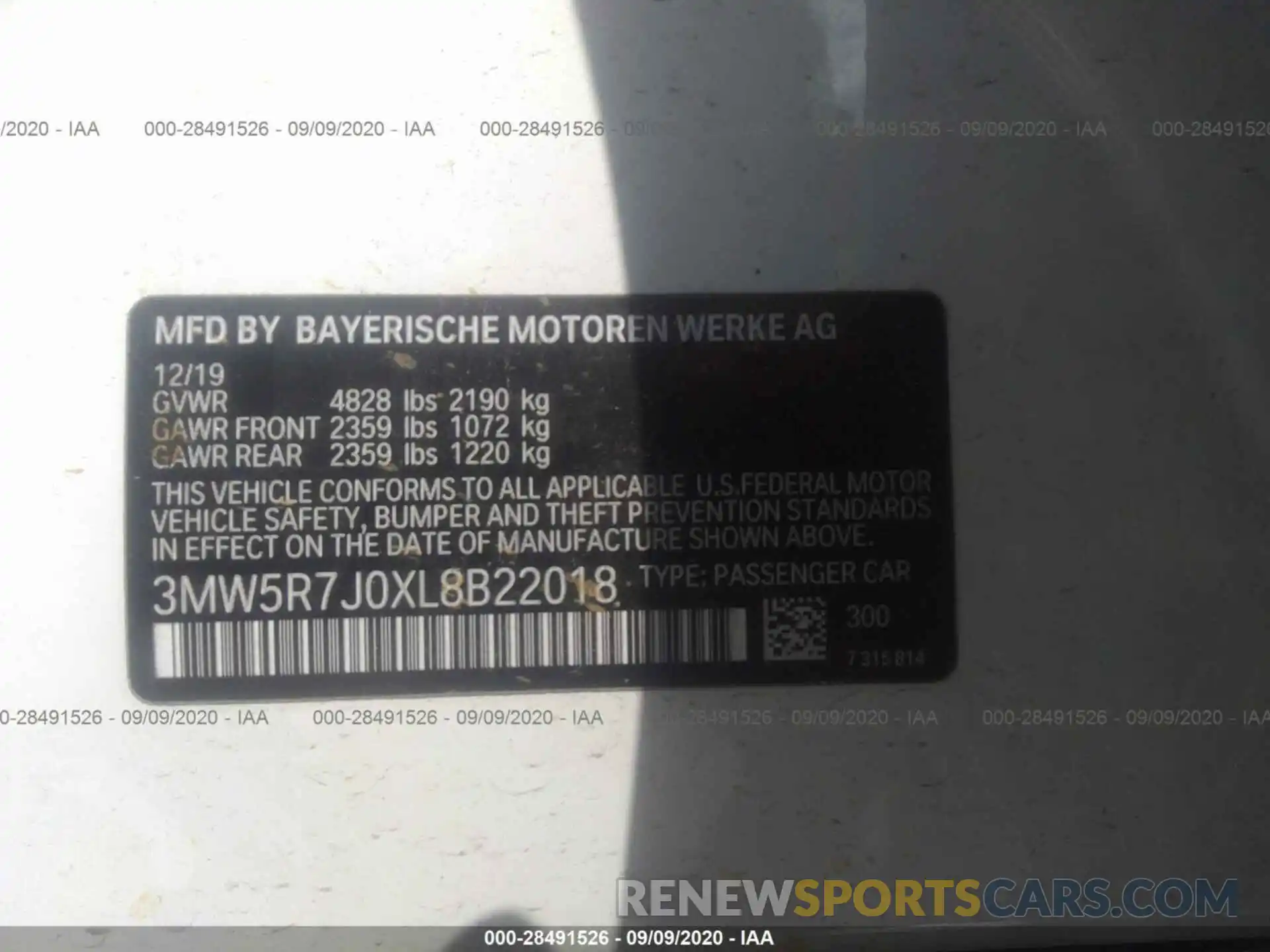 9 Фотография поврежденного автомобиля 3MW5R7J0XL8B22018 BMW 3 SERIES 2020