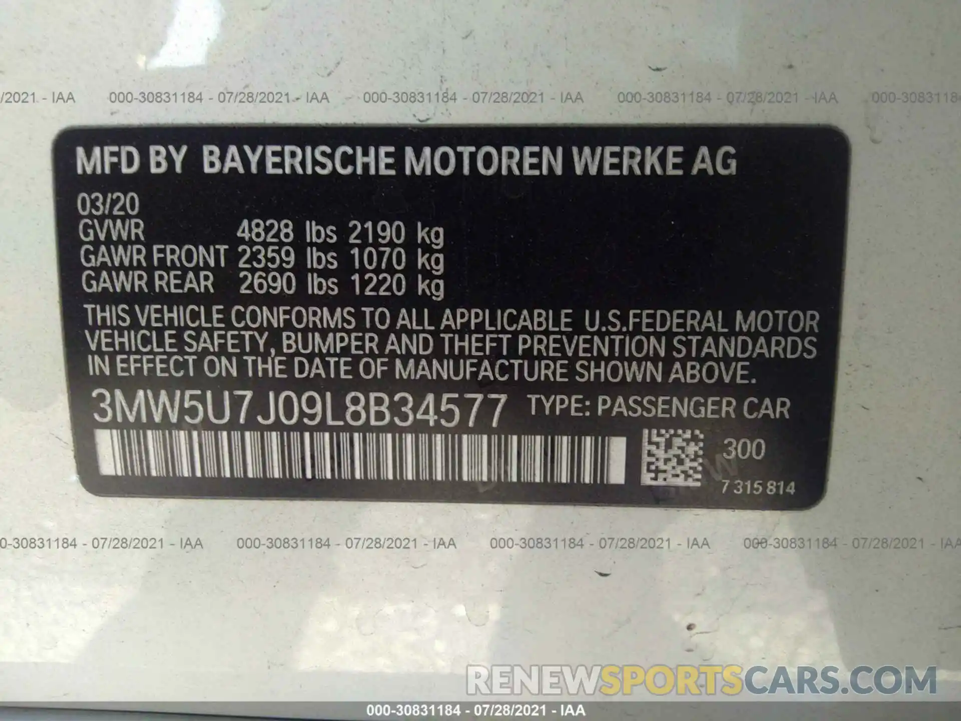 9 Photograph of a damaged car 3MW5U7J09L8B34577 BMW 3 SERIES 2020