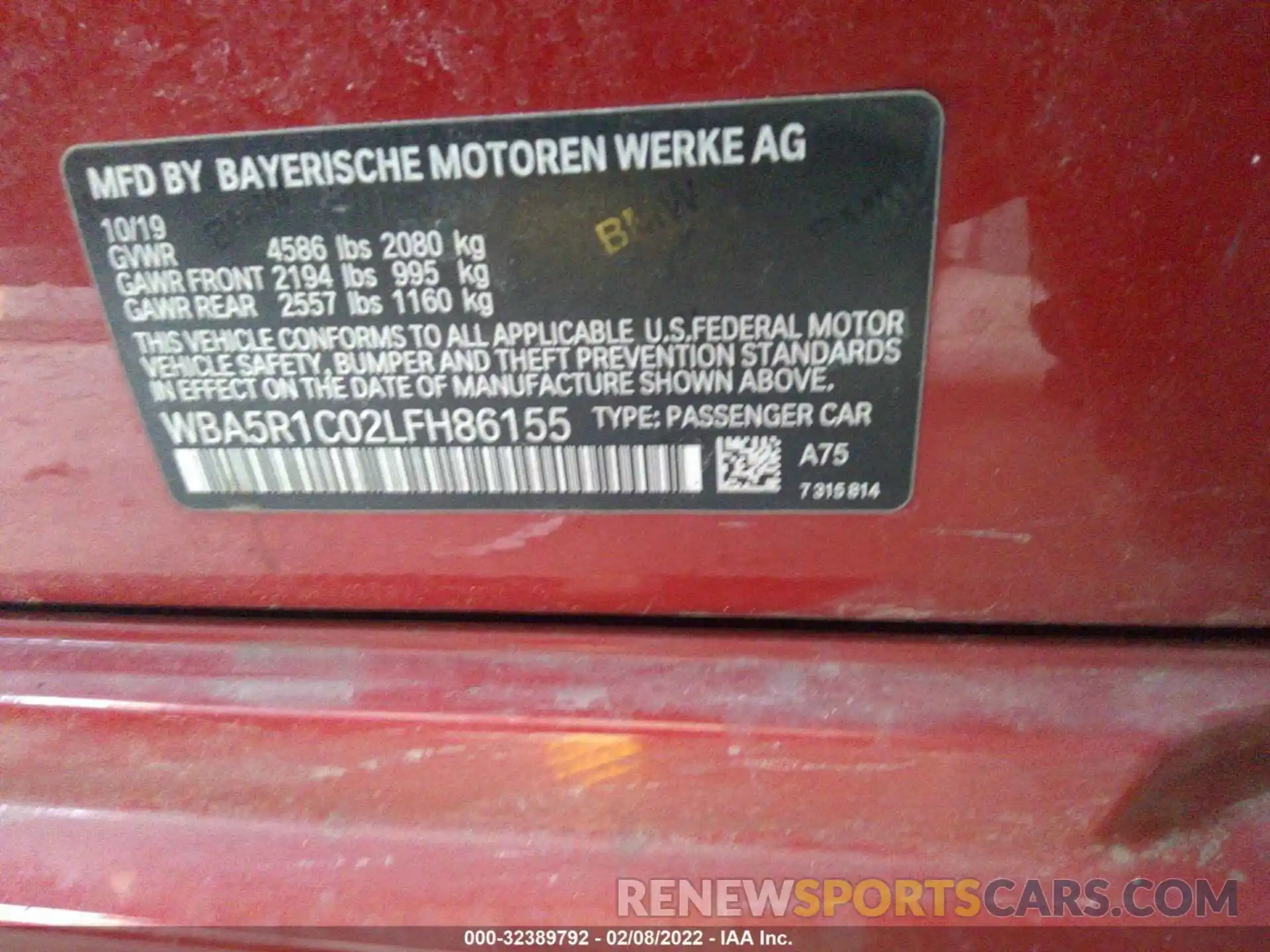 9 Фотография поврежденного автомобиля WBA5R1C02LFH86155 BMW 3 SERIES 2020