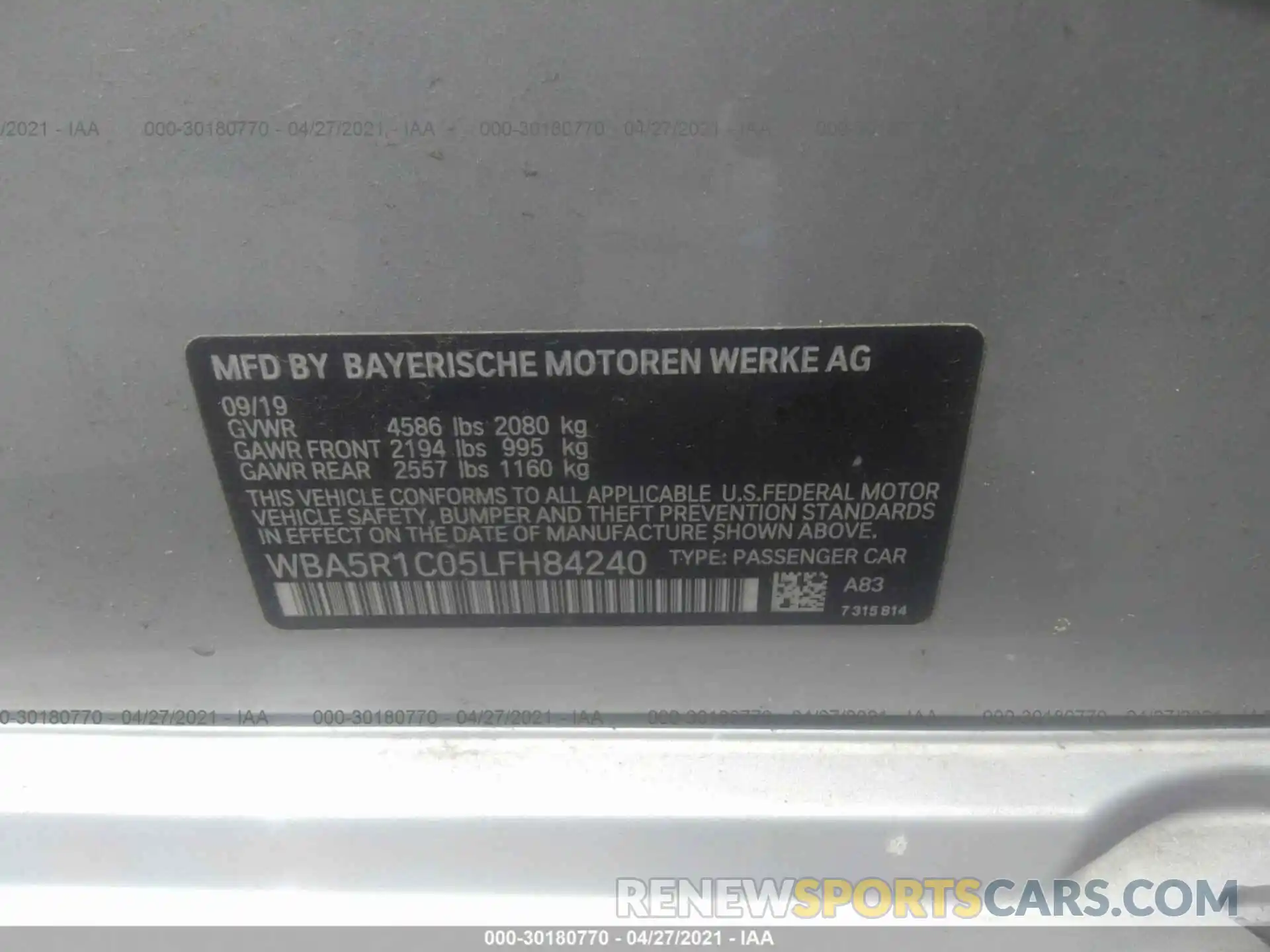 9 Photograph of a damaged car WBA5R1C05LFH84240 BMW 3 SERIES 2020