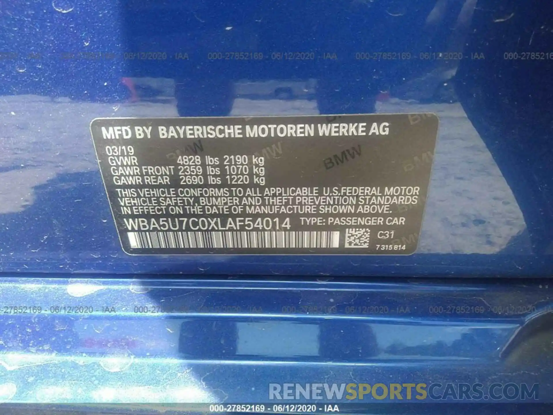 9 Фотография поврежденного автомобиля WBA5U7C0XLAF54014 BMW 3 SERIES 2020