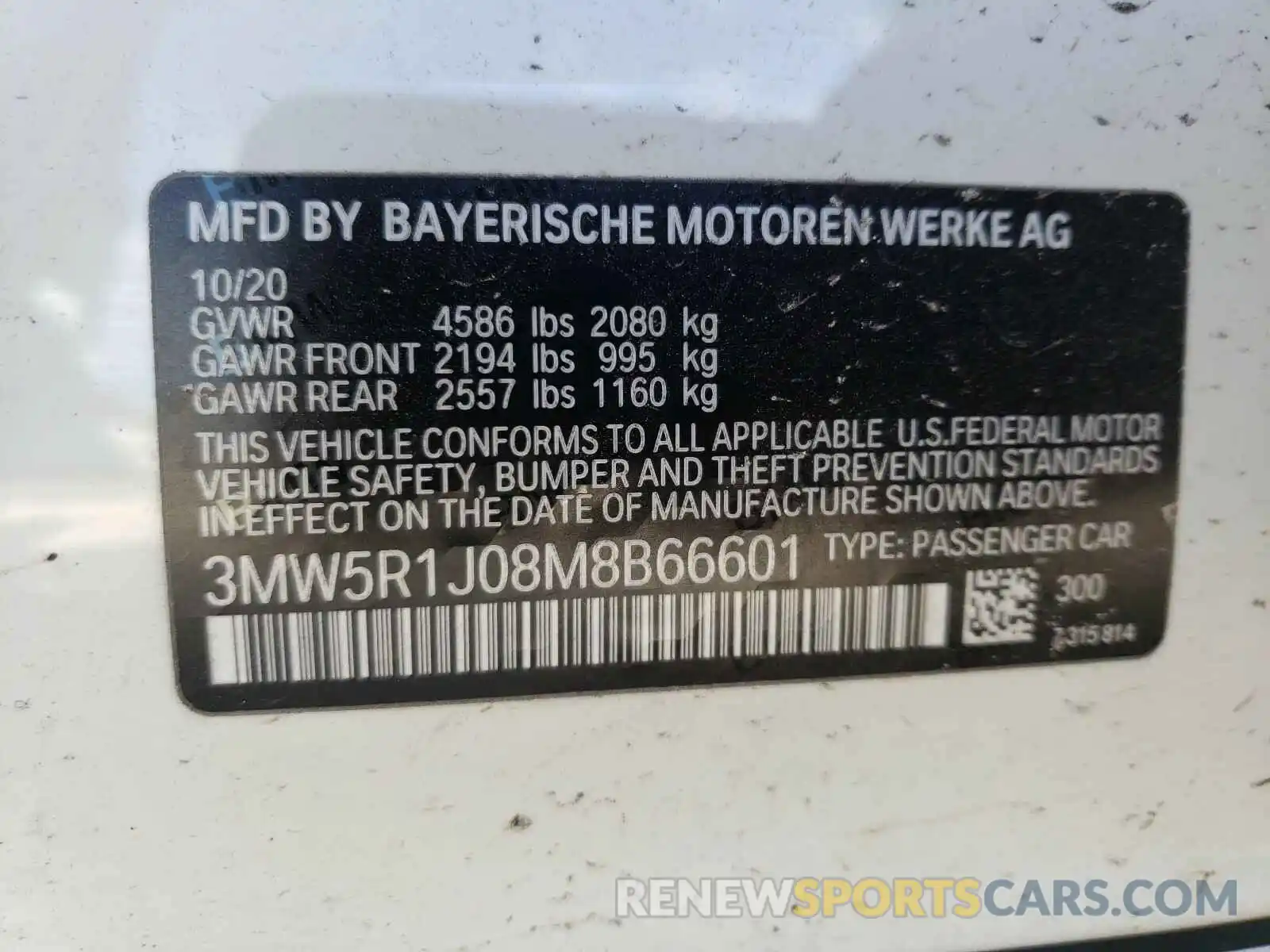 10 Photograph of a damaged car 3MW5R1J08M8B66601 BMW 3 SERIES 2021