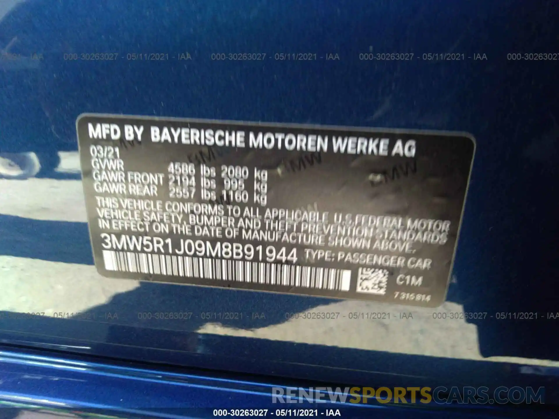 9 Photograph of a damaged car 3MW5R1J09M8B91944 BMW 3 SERIES 2021