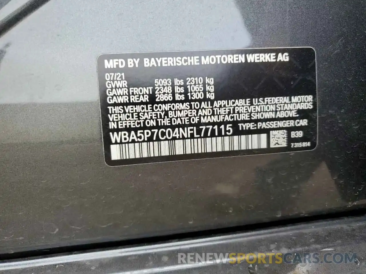 13 Photograph of a damaged car WBA5P7C04NFL77115 BMW 3 SERIES 2022