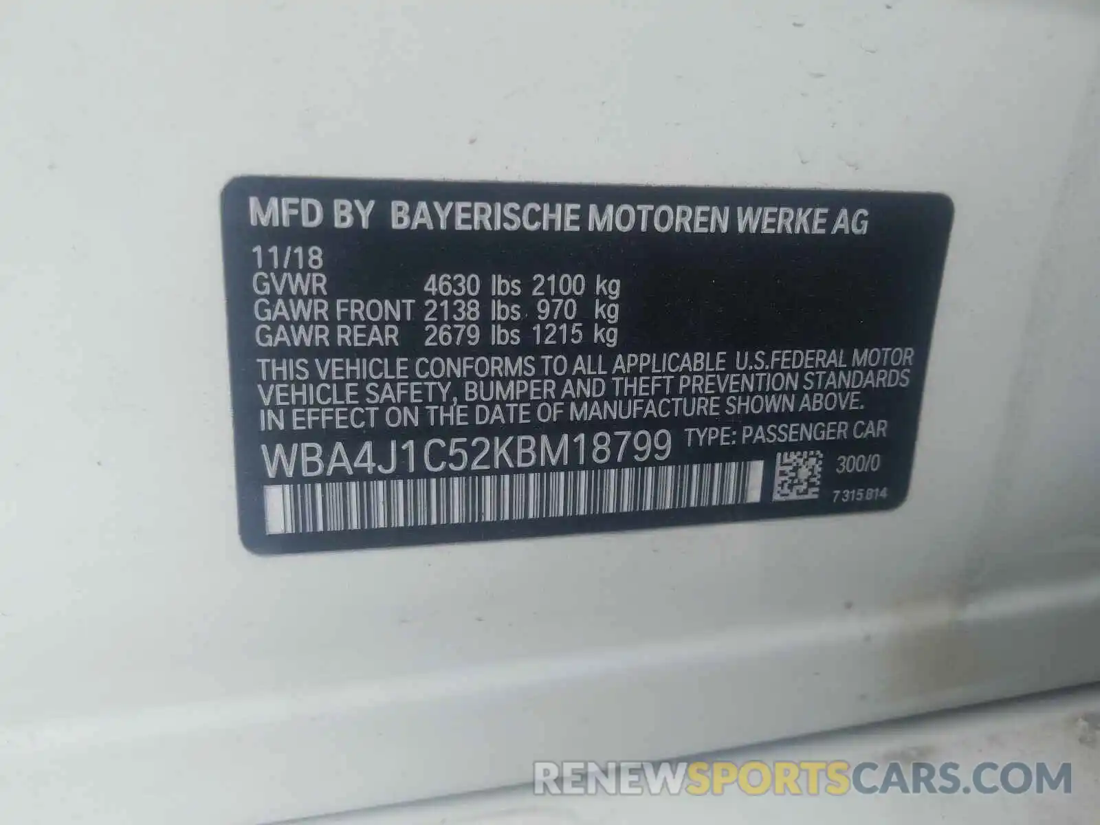 10 Photograph of a damaged car WBA4J1C52KBM18799 BMW 4 SERIES 2019