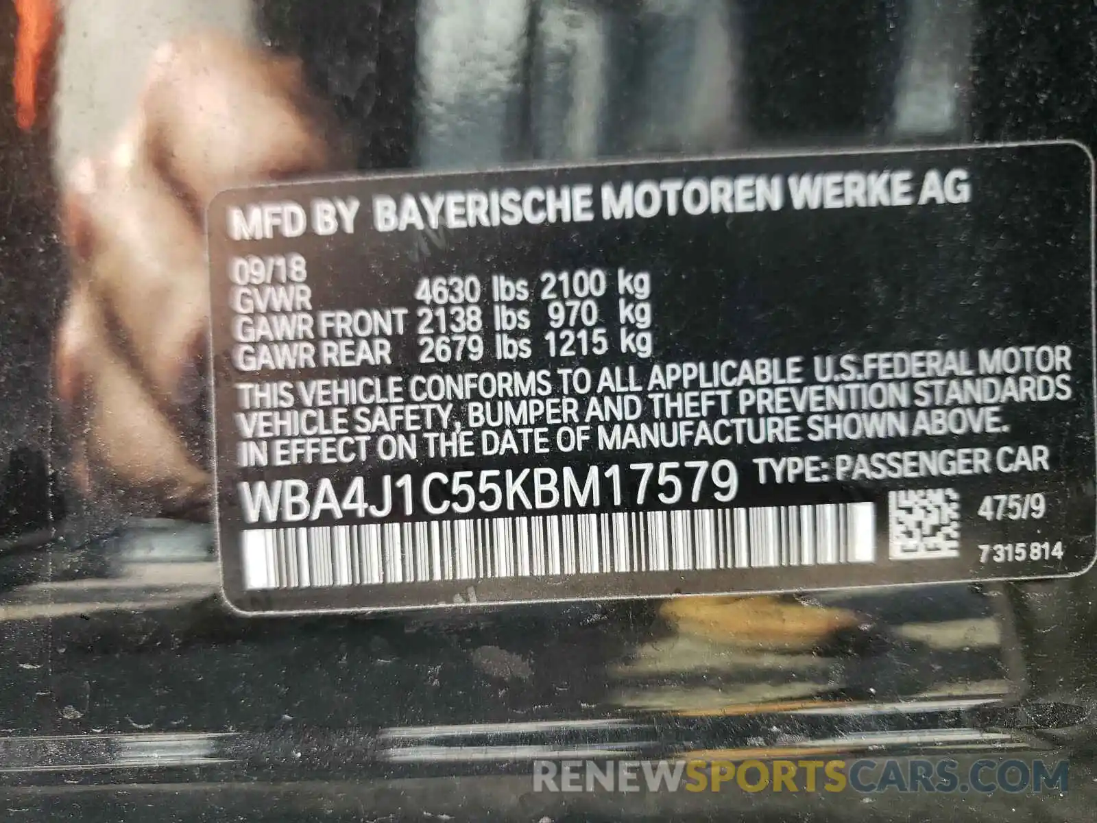 10 Photograph of a damaged car WBA4J1C55KBM17579 BMW 4 SERIES 2019
