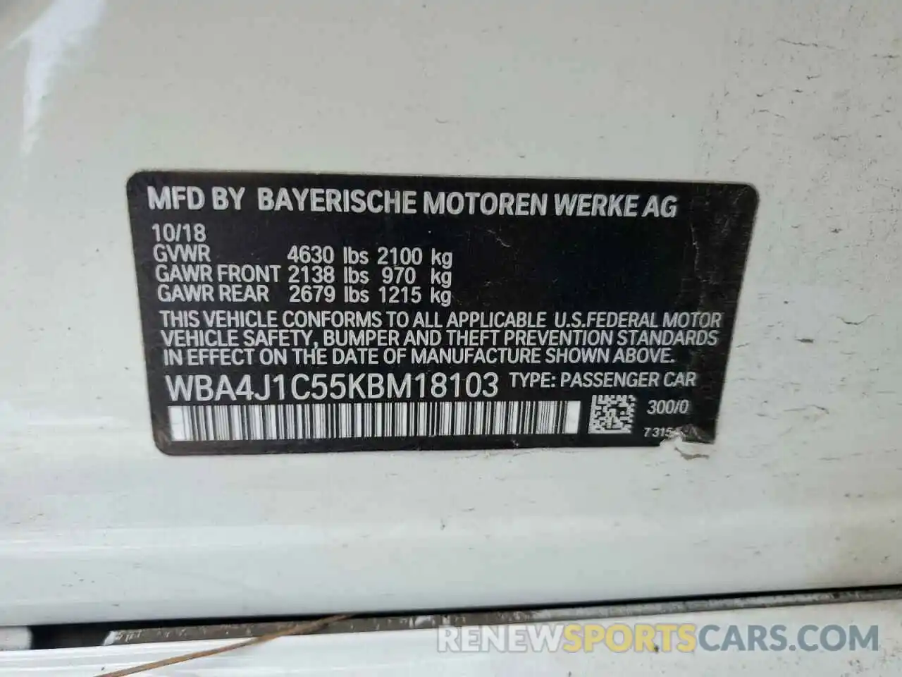 12 Photograph of a damaged car WBA4J1C55KBM18103 BMW 4 SERIES 2019