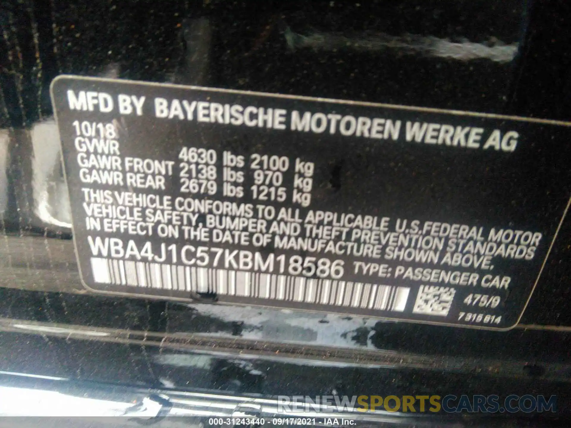 9 Photograph of a damaged car WBA4J1C57KBM18586 BMW 4 SERIES 2019