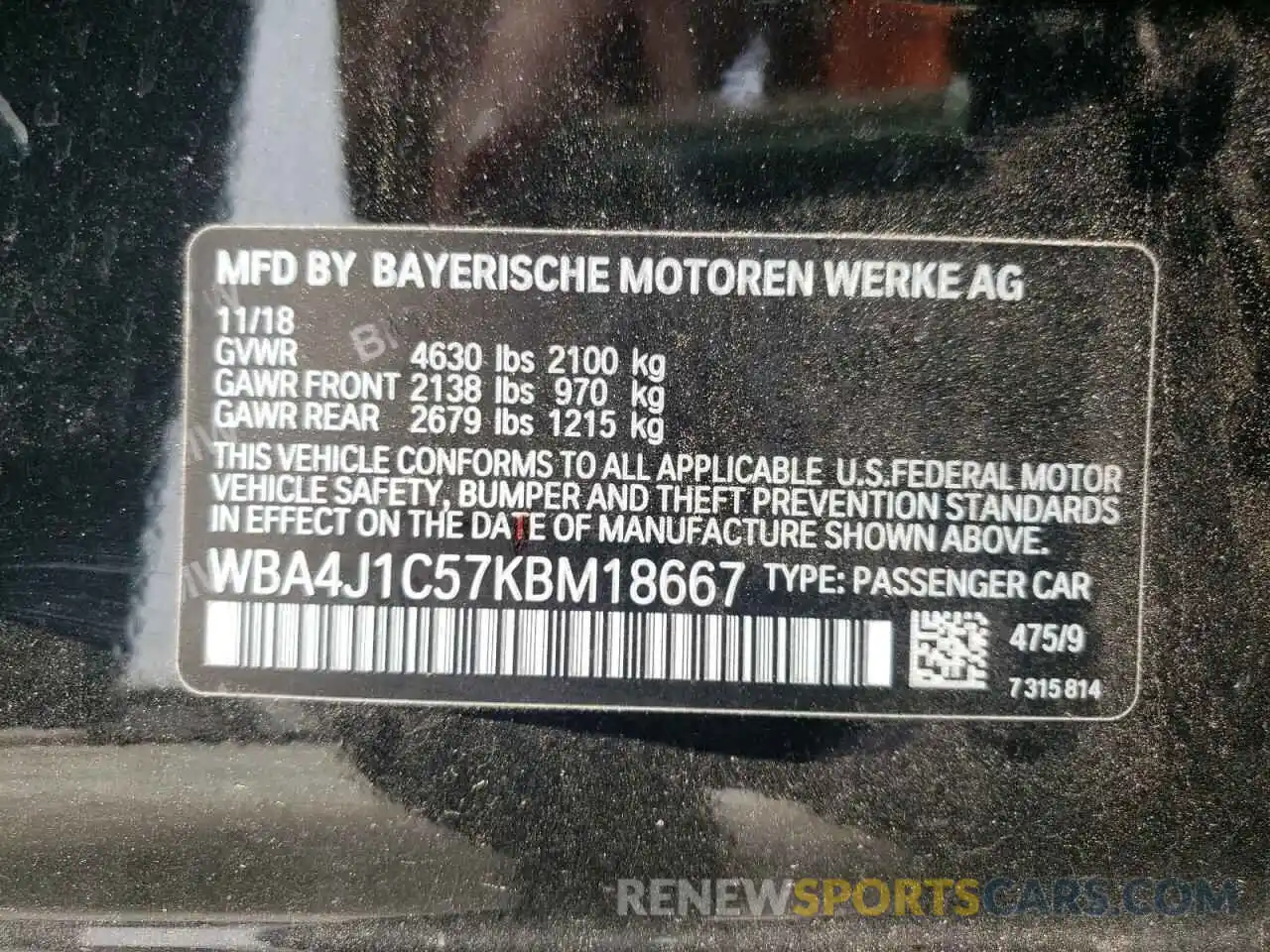 10 Photograph of a damaged car WBA4J1C57KBM18667 BMW 4 SERIES 2019