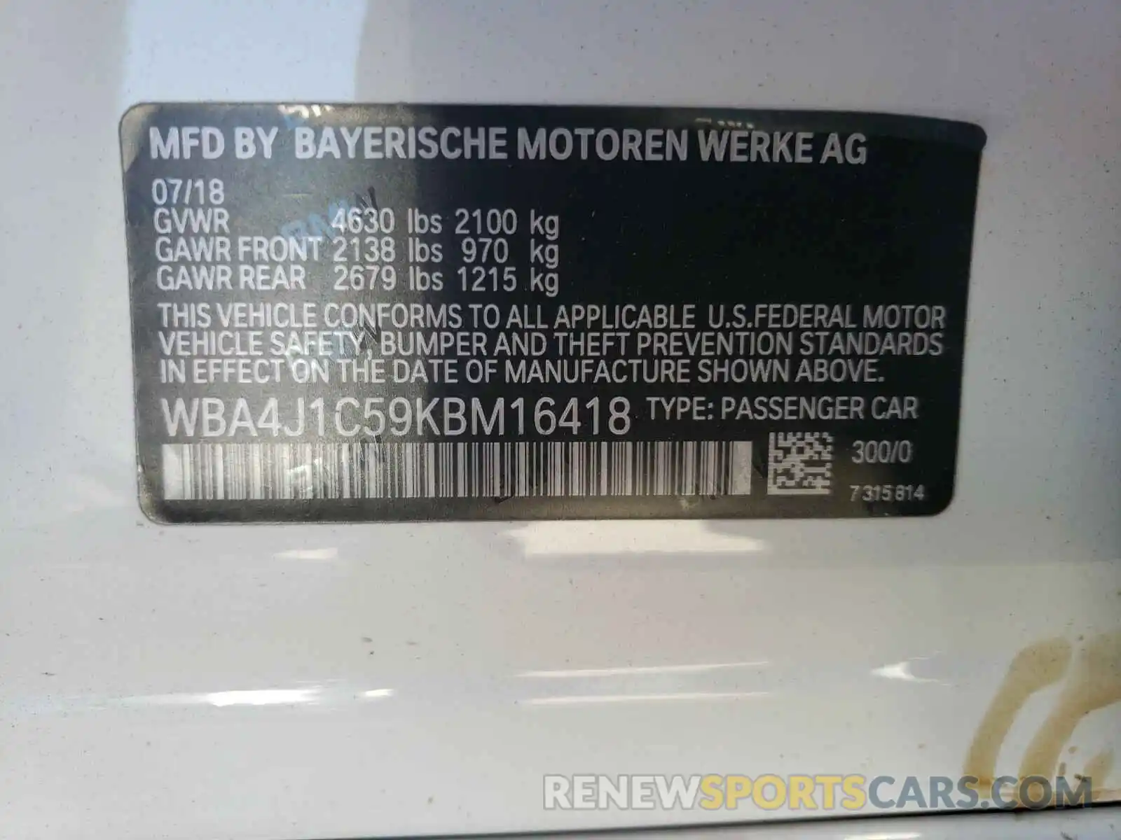 10 Photograph of a damaged car WBA4J1C59KBM16418 BMW 4 SERIES 2019