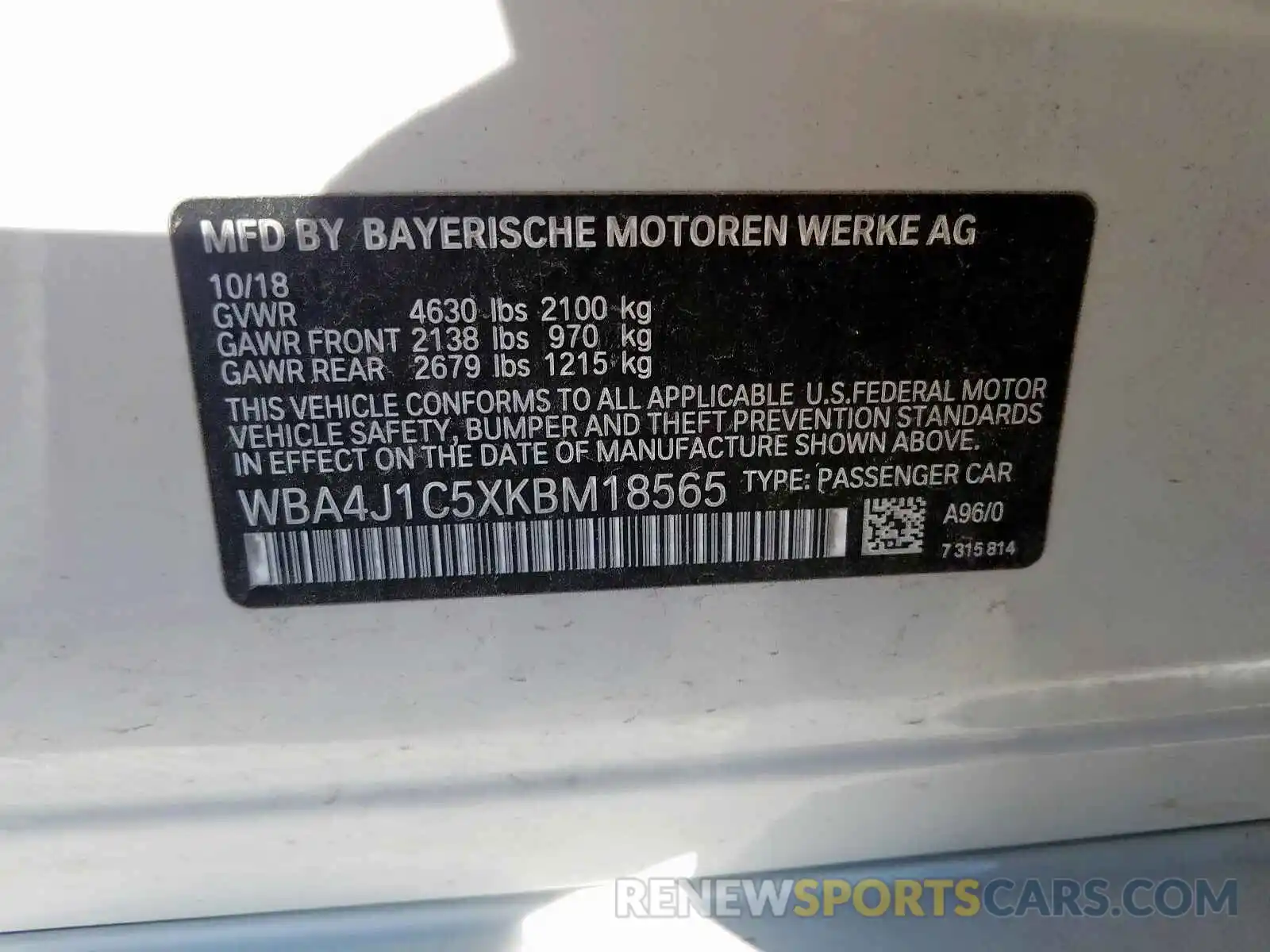 10 Фотография поврежденного автомобиля WBA4J1C5XKBM18565 BMW 4 SERIES 2019