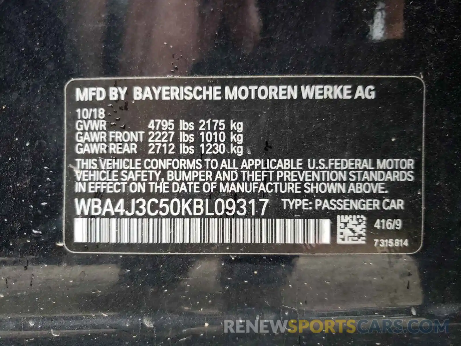 10 Photograph of a damaged car WBA4J3C50KBL09317 BMW 4 SERIES 2019