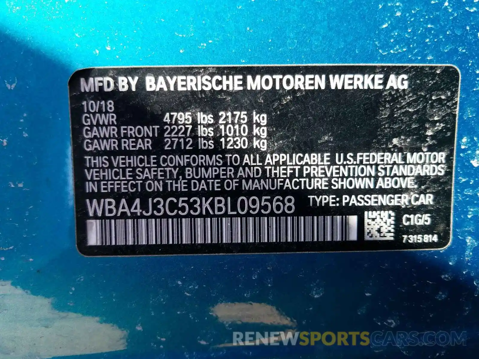 10 Photograph of a damaged car WBA4J3C53KBL09568 BMW 4 SERIES 2019