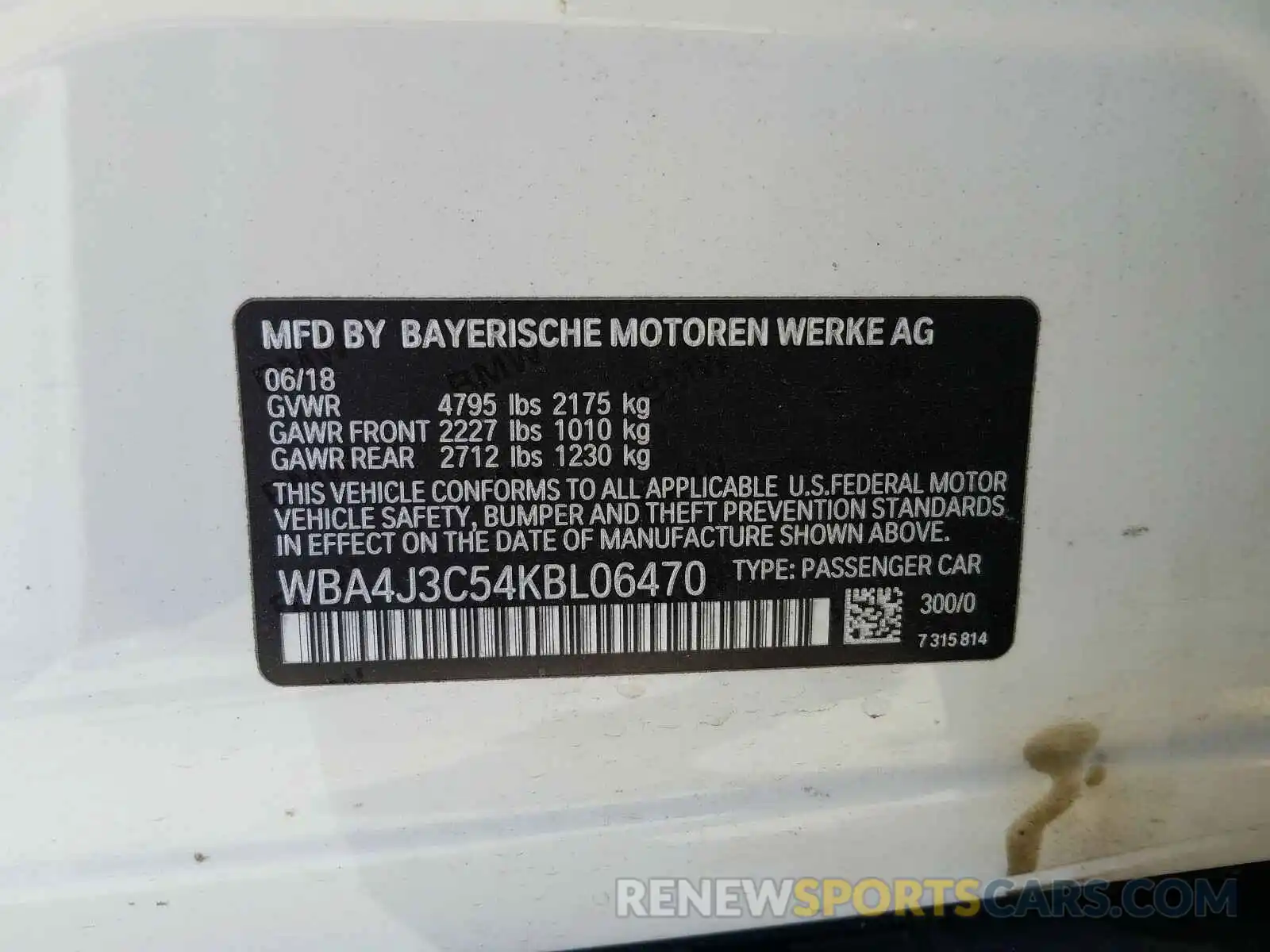 10 Photograph of a damaged car WBA4J3C54KBL06470 BMW 4 SERIES 2019