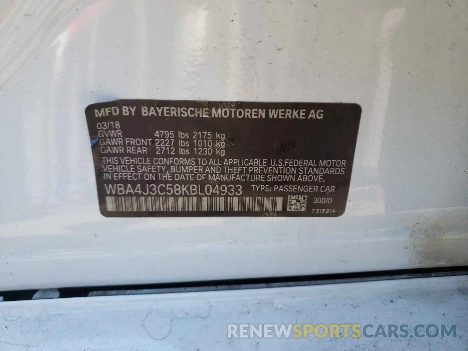 10 Photograph of a damaged car WBA4J3C58KBL04933 BMW 4 SERIES 2019