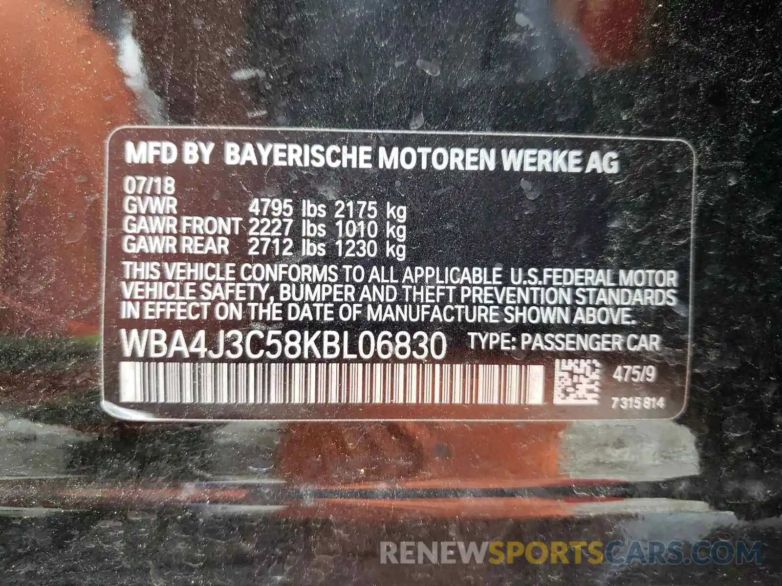 10 Photograph of a damaged car WBA4J3C58KBL06830 BMW 4 SERIES 2019