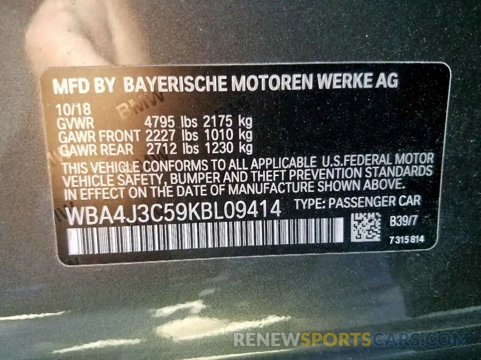 10 Photograph of a damaged car WBA4J3C59KBL09414 BMW 4 SERIES 2019