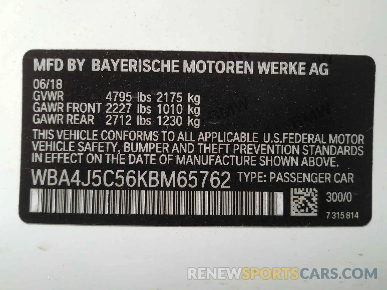 10 Photograph of a damaged car WBA4J5C56KBM65762 BMW 4 SERIES 2019