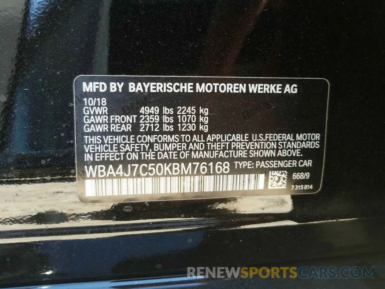 10 Photograph of a damaged car WBA4J7C50KBM76168 BMW 4 SERIES 2019