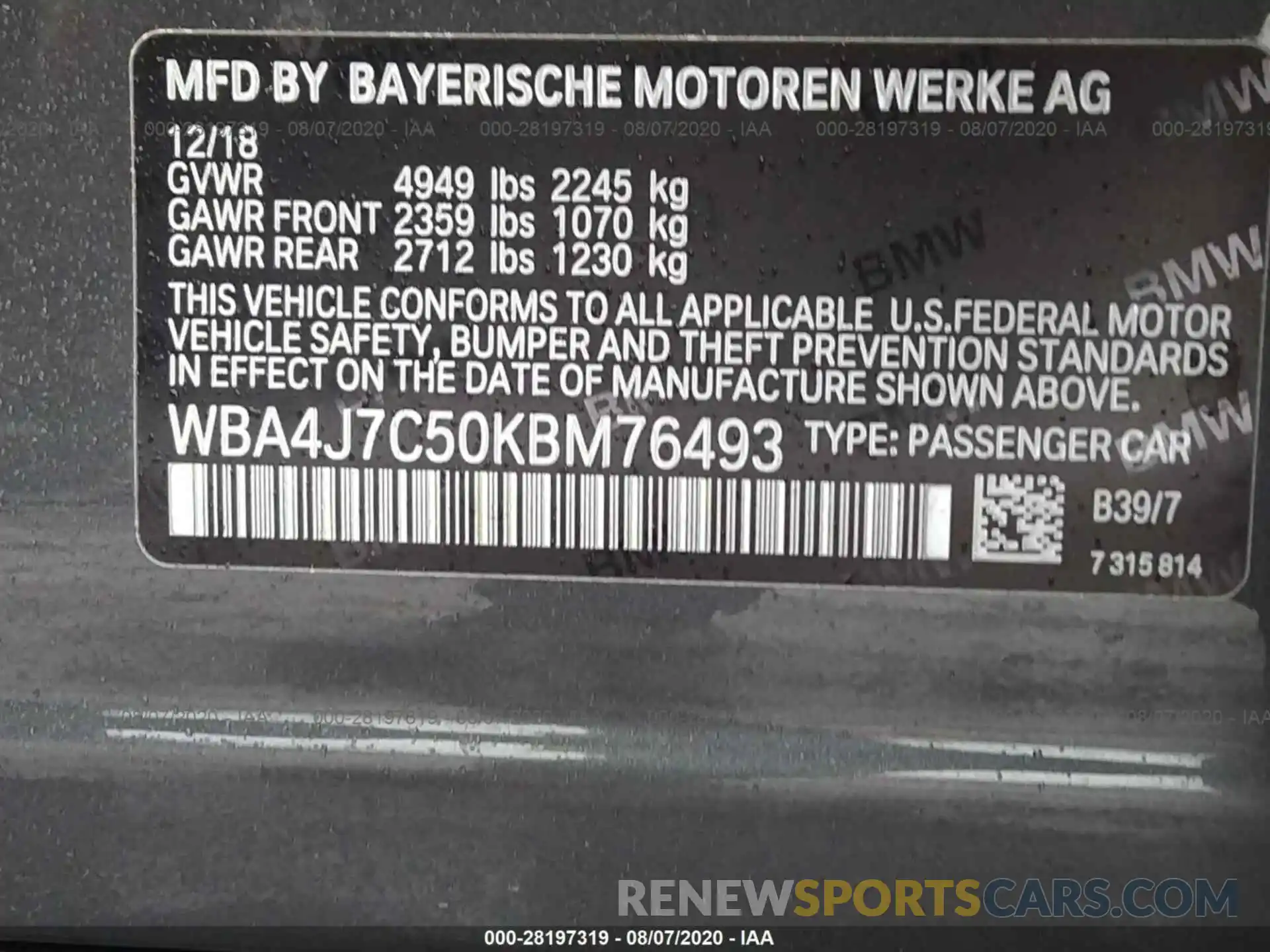 9 Фотография поврежденного автомобиля WBA4J7C50KBM76493 BMW 4 SERIES 2019