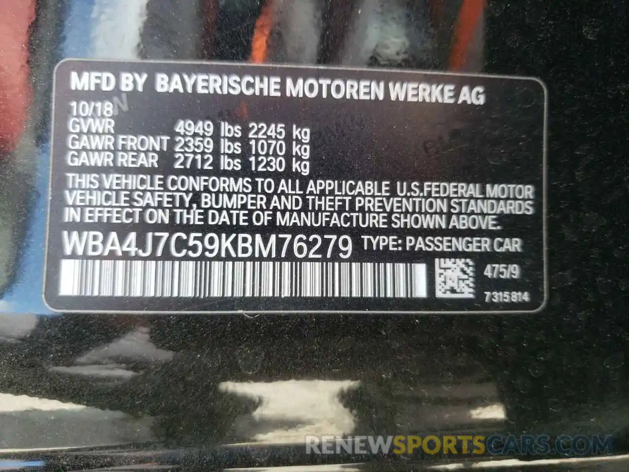 10 Photograph of a damaged car WBA4J7C59KBM76279 BMW 4 SERIES 2019