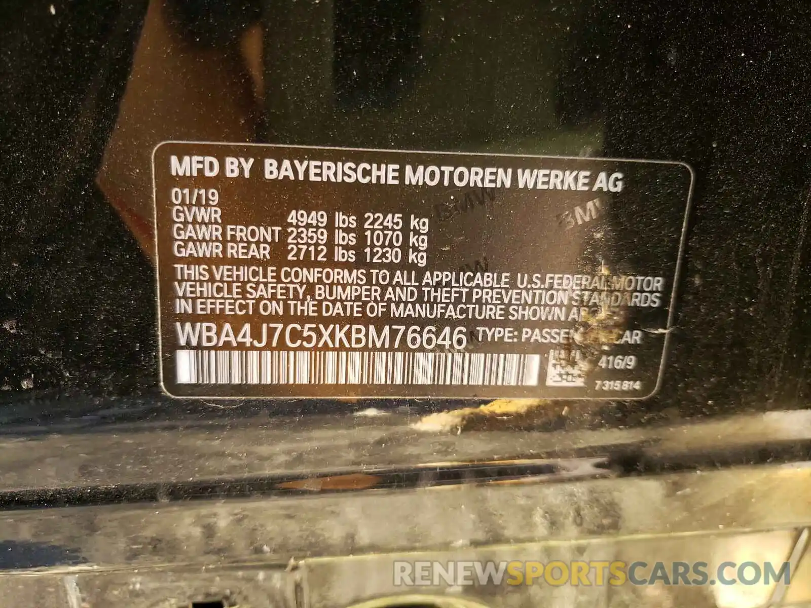 10 Фотография поврежденного автомобиля WBA4J7C5XKBM76646 BMW 4 SERIES 2019