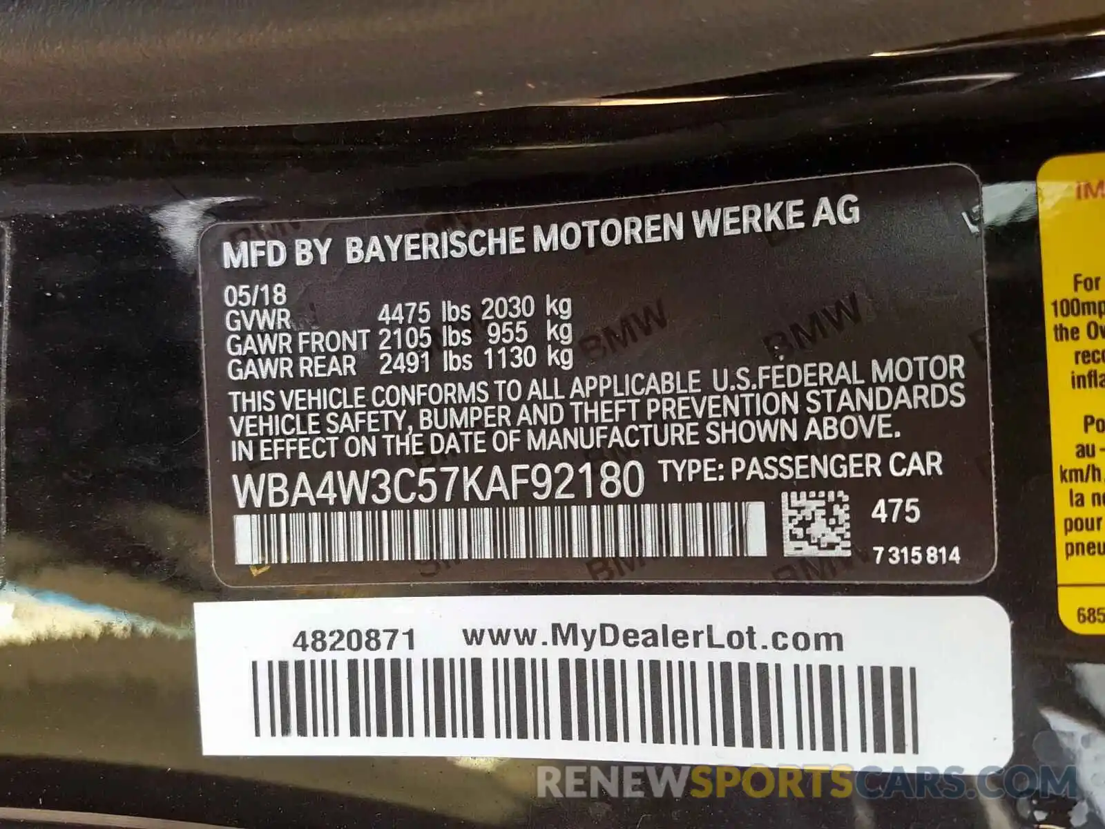 10 Photograph of a damaged car WBA4W3C57KAF92180 BMW 4 SERIES 2019