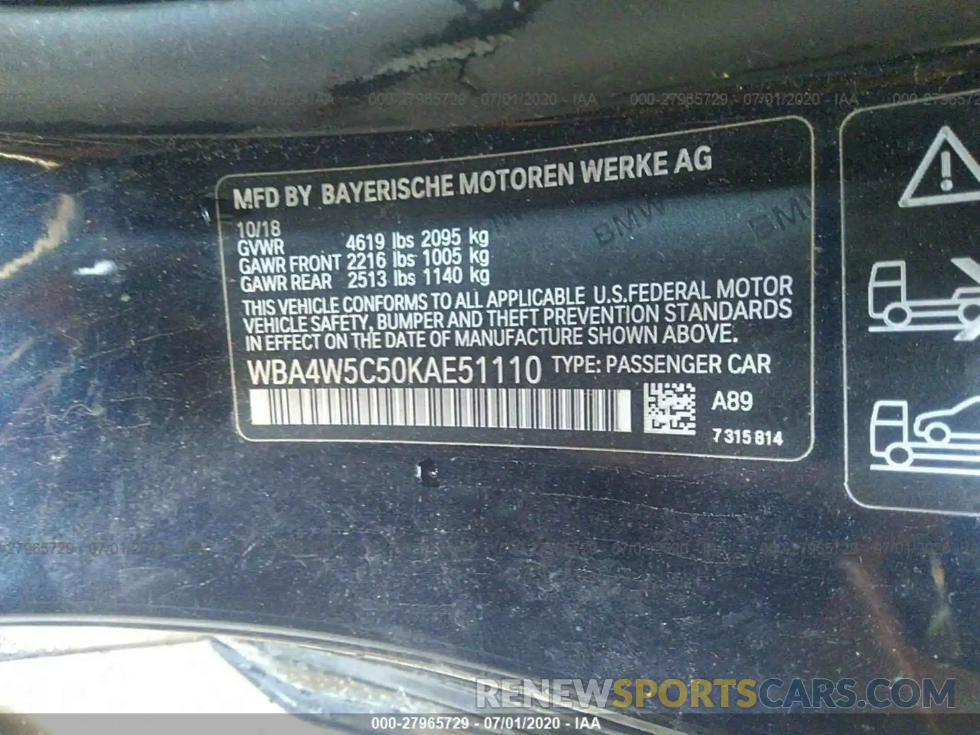 9 Фотография поврежденного автомобиля WBA4W5C50KAE51110 BMW 4 SERIES 2019