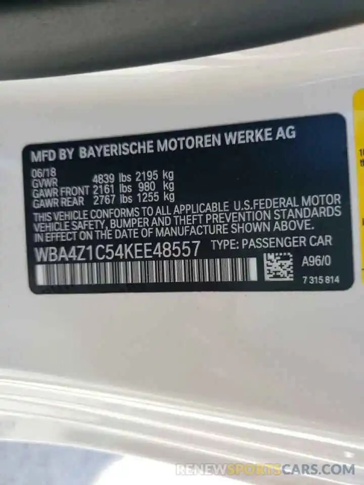 10 Photograph of a damaged car WBA4Z1C54KEE48557 BMW 4 SERIES 2019