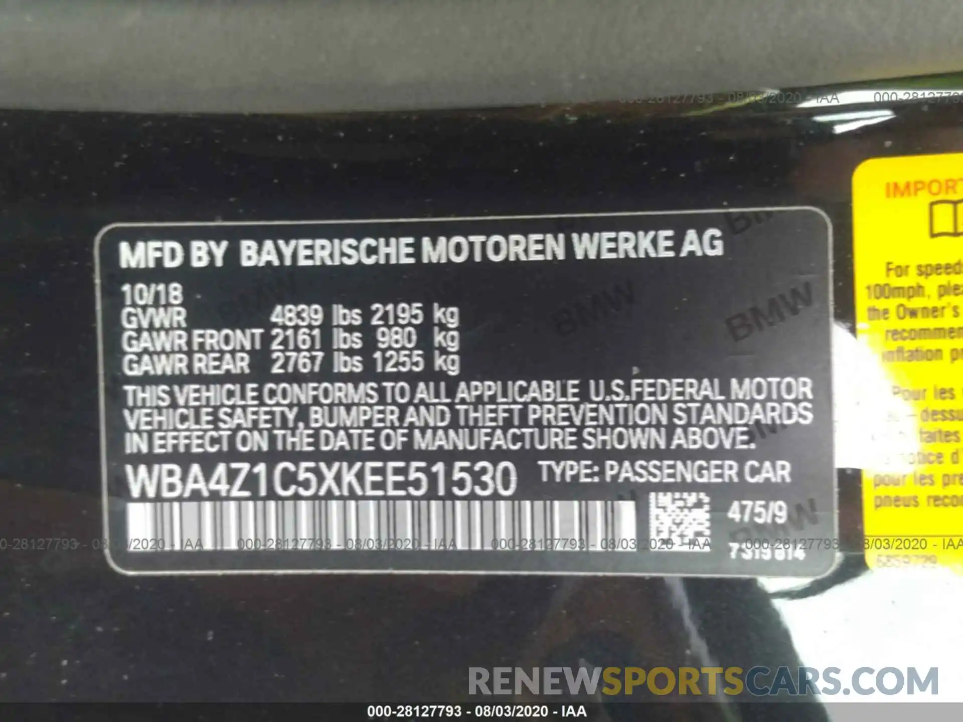 9 Фотография поврежденного автомобиля WBA4Z1C5XKEE51530 BMW 4 SERIES 2019