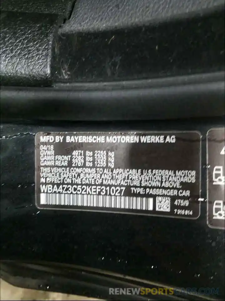 10 Фотография поврежденного автомобиля WBA4Z3C52KEF31027 BMW 4 SERIES 2019