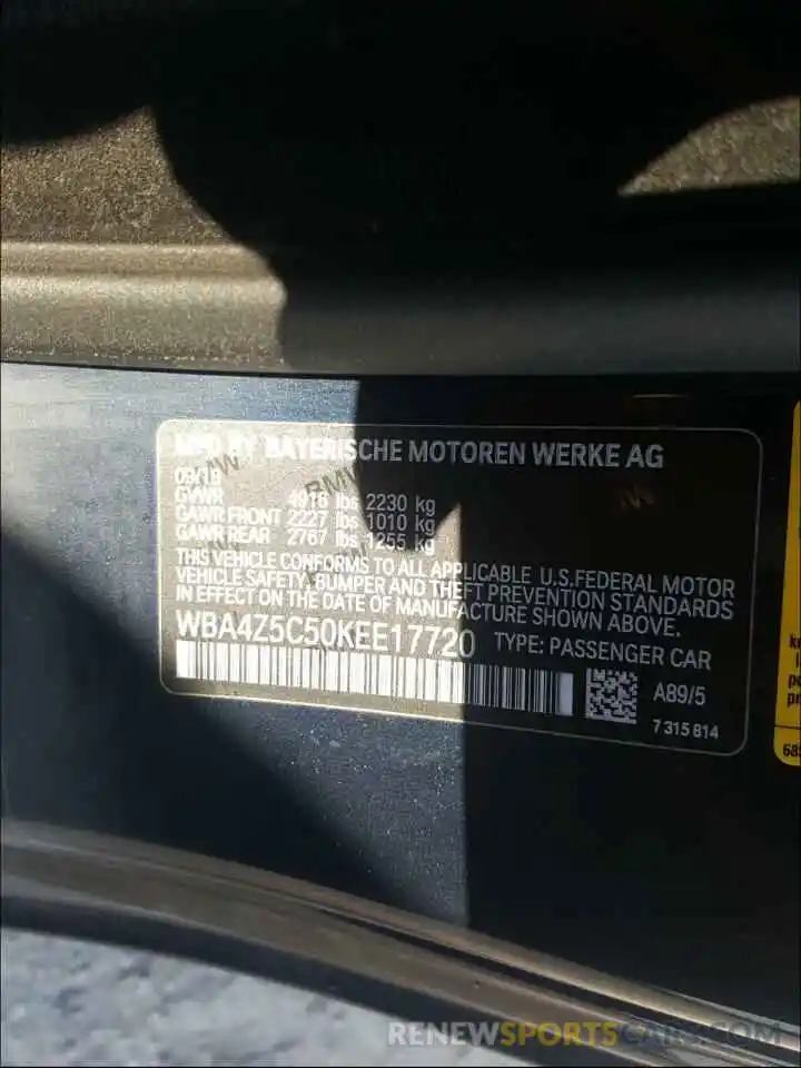 10 Photograph of a damaged car WBA4Z5C50KEE17720 BMW 4 SERIES 2019
